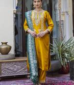 Yellow embroidered silk blend salwar suit