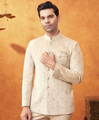 Beige banarasi silk embroidered bandhgala paired with pant 2