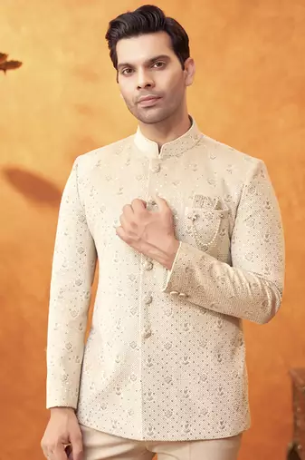 Beige banarasi silk embroidered bandhgala paired with pant
