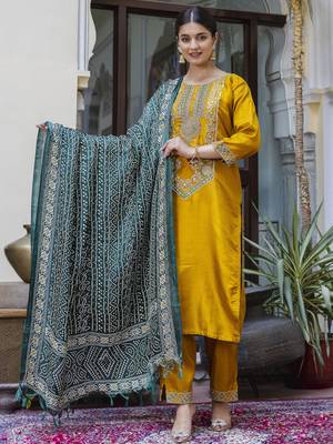 Yellow embroidered silk blend salwar suit 2