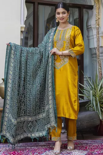 Yellow embroidered silk blend salwar suit