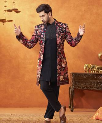 Multicolor georgette printed jacket set paired with sleeveless vest & pant 1