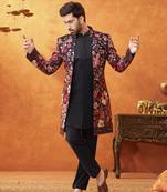 Multicolor georgette printed jacket set paired with sleeveless vest & pant