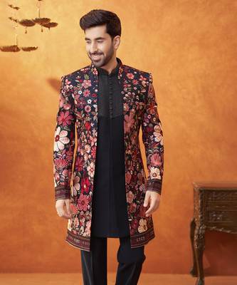 Multicolor georgette printed jacket set paired with sleeveless vest & pant 2