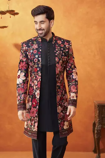 Multicolor georgette printed jacket set paired with sleeveless vest & pant