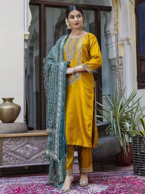 Yellow embroidered silk blend salwar suit 3
