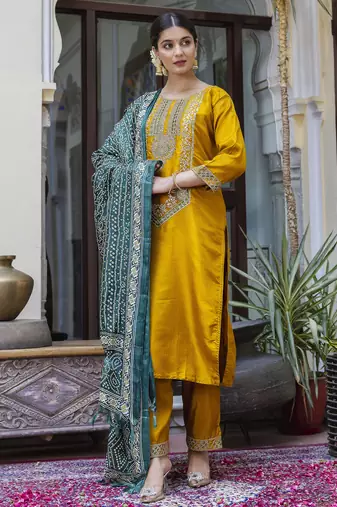 Yellow embroidered silk blend salwar suit
