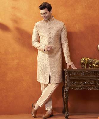 Beige satin embroidered sherwani with pant 1