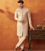 Beige satin embroidered sherwani with pant