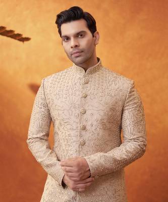Beige satin embroidered sherwani with pant 2