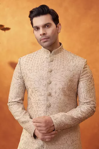 Beige satin embroidered sherwani with pant