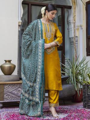 Yellow embroidered silk blend salwar suit 4