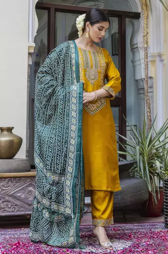 Yellow embroidered silk blend salwar suit