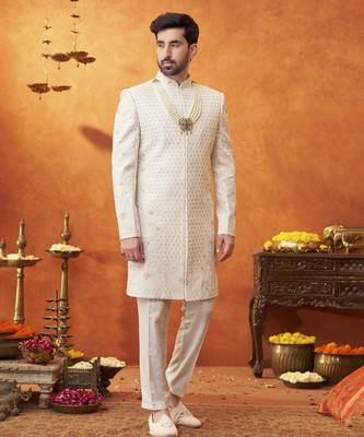 White chanderi silk embroidered sherwani and pant set 1