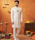 White chanderi silk embroidered sherwani and pant set