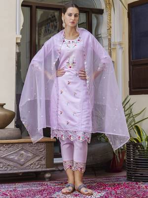Lavender embroidered viscose roman silk salwar suit 1