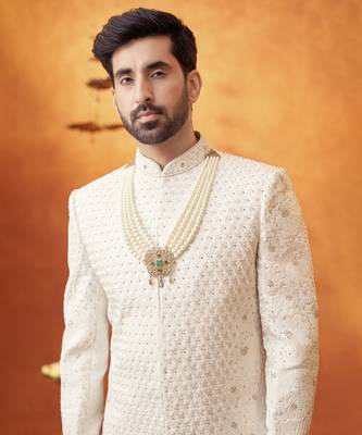 White chanderi silk embroidered sherwani and pant set 2