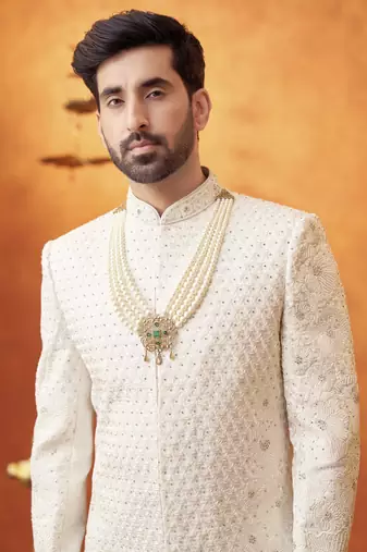White chanderi silk embroidered sherwani and pant set