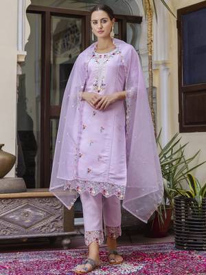 Lavender embroidered viscose roman silk salwar suit 2