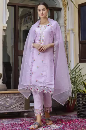 Lavender embroidered viscose roman silk salwar suit