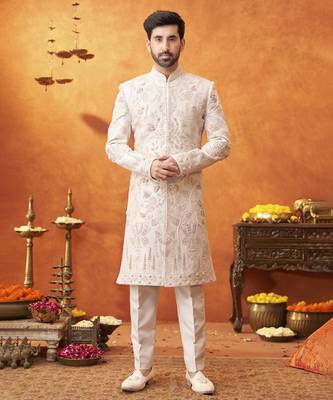 Lilac raw silk embroidered sherwani & pant set 1