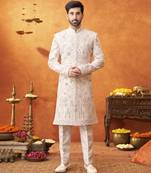 Lilac raw silk embroidered sherwani & pant set