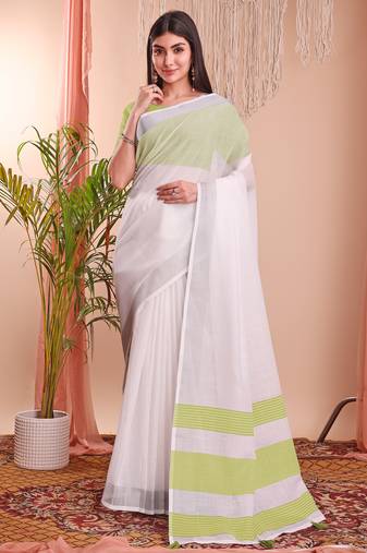 White cotton blend woven saree