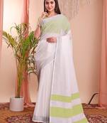 White cotton blend woven saree