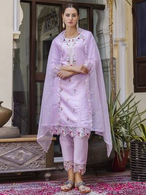 Lavender embroidered viscose roman silk salwar suit 3