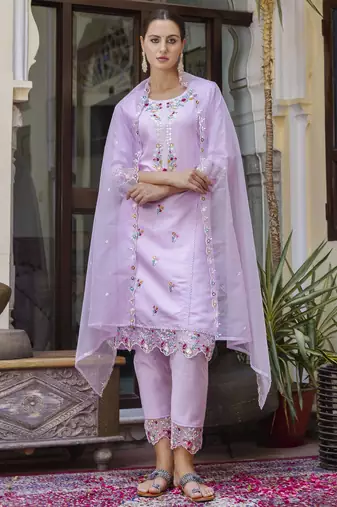 Lavender embroidered viscose roman silk salwar suit