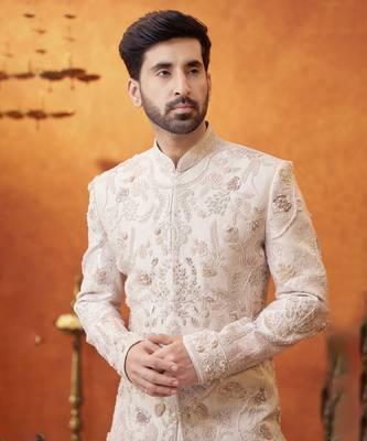 Lilac raw silk embroidered sherwani & pant set 2