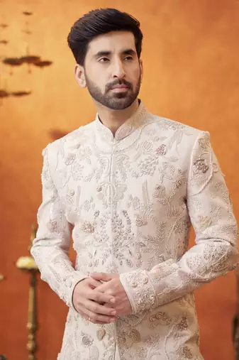 Lilac raw silk embroidered sherwani & pant set