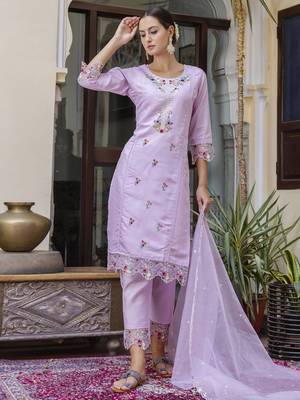 Lavender embroidered viscose roman silk salwar suit 4