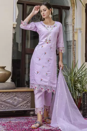 Lavender embroidered viscose roman silk salwar suit