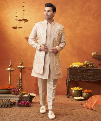 White raw silk embroidered jacket paired with sleeveless vest & pant 1