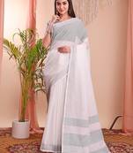 White cotton blend woven saree