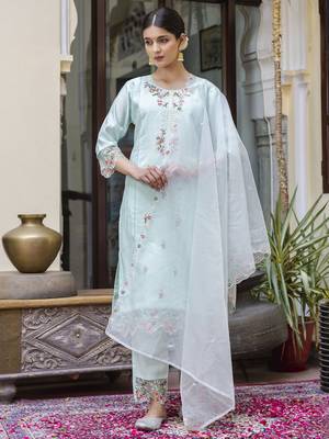 Green embroidered viscose roman silk salwar suit 1
