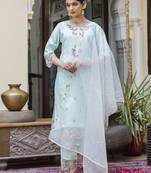 Green embroidered viscose roman silk salwar suit