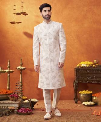 White silk embroidered sherwani & pant set 1