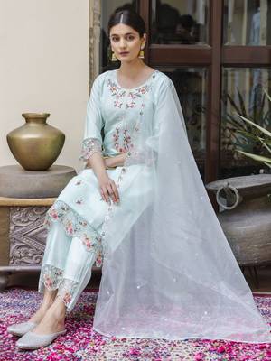 Green embroidered viscose roman silk salwar suit 2