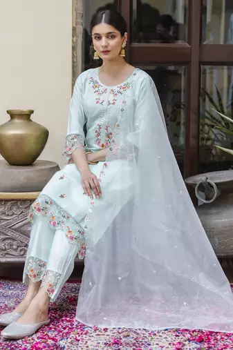 Green embroidered viscose roman silk salwar suit