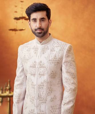 White silk embroidered sherwani & pant set 2
