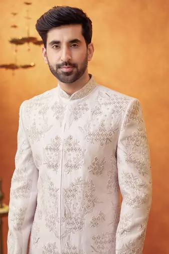 White silk embroidered sherwani & pant set