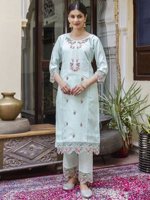 Green embroidered viscose roman silk salwar suit 3