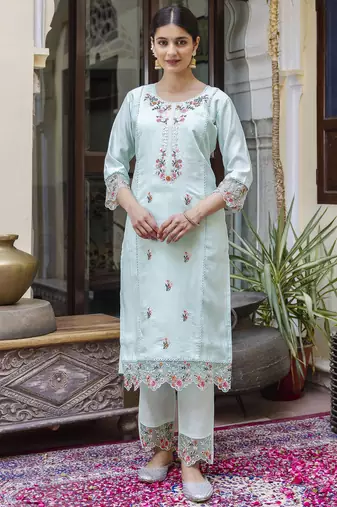 Green embroidered viscose roman silk salwar suit
