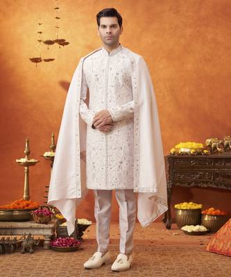 White silk embroidered sherwani with shawl & pant 1