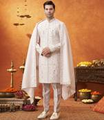 White silk embroidered sherwani with shawl & pant