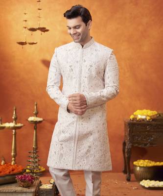 White silk embroidered sherwani with shawl & pant 2