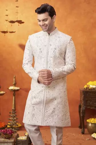 White silk embroidered sherwani with shawl & pant
