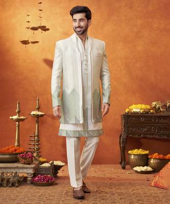 White chanderi silk plain jacket with kurta and pant 1